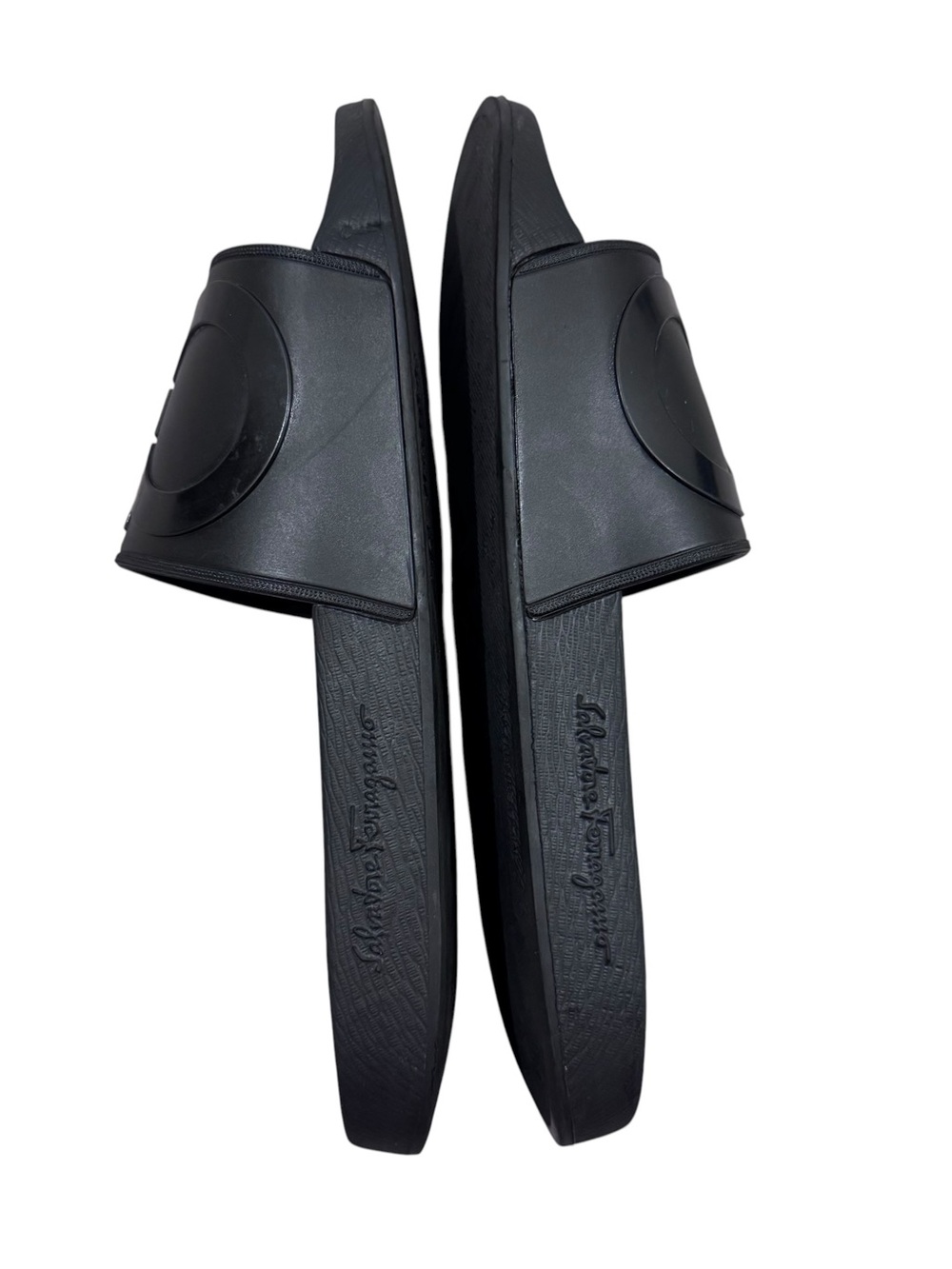 Salvatore Ferragamo Black Slide Sandals Mens Size 9 Groove 2 Rubber Gancini Logo - Picture 8 of 11